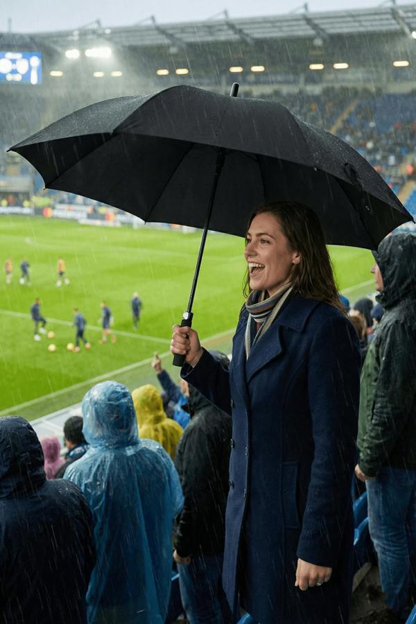 Woman holding open black Optimum umbrella at rainy football stadium, lifestyle shot - Optimum