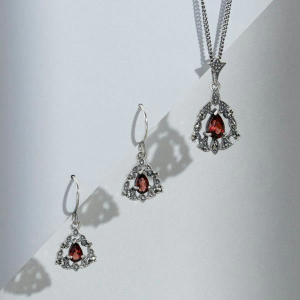 Gemondo Art Nouveau Style Pear Garnet & Marcasite Garland Halo Drop Earrings & Pendant Set in Silver