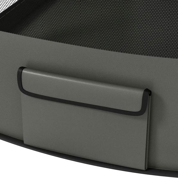 Grey dog playpen side handle on black mesh panel