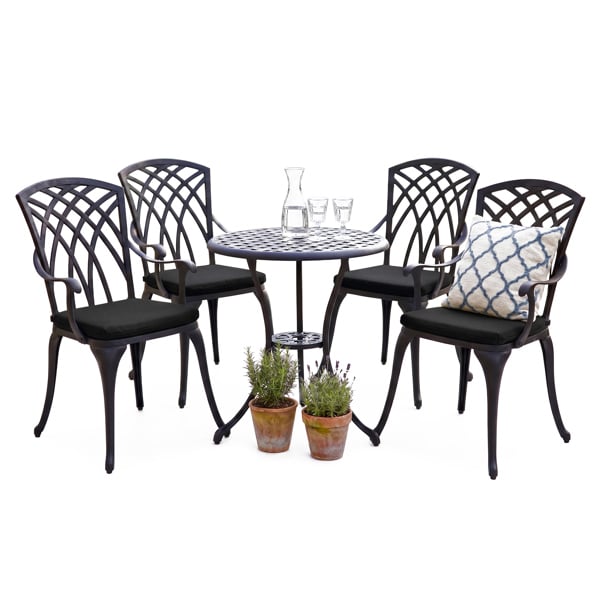 Centurion Supports OSHOWA Garden and Patio Table and 4 Large Chairs with Armrests Cast Aluminium Bistro Set - Black Cushions