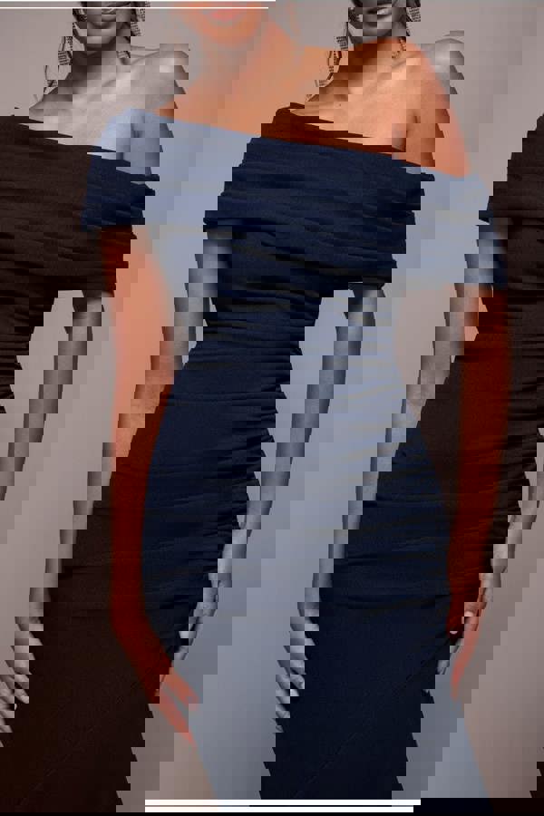 Pleated One Shoulder Bardot Fit And Flare Maxi Dress - Navy Blue DR4909