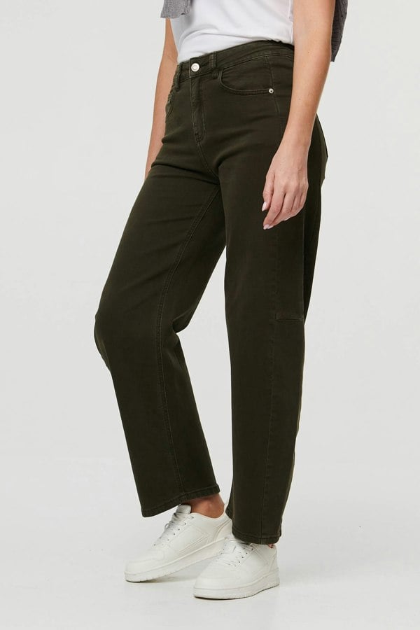 Khaki | High Waist Wide Barrel Fit Jeans
