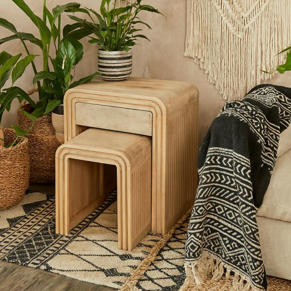 Wyld Haus Set of 2 Arizona Carved Mango Wood Nesting Tables with Drawer