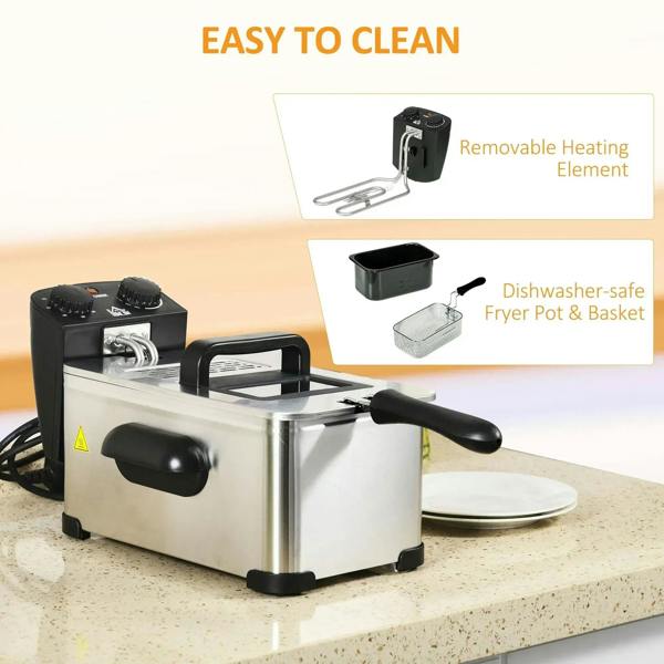 Stainless steel deep fat fryer with removable heating element and dishwasher-safe basket