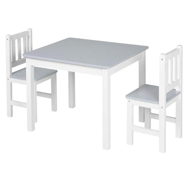 Kids table and chair set: grey tabletop with two white slatted chairs