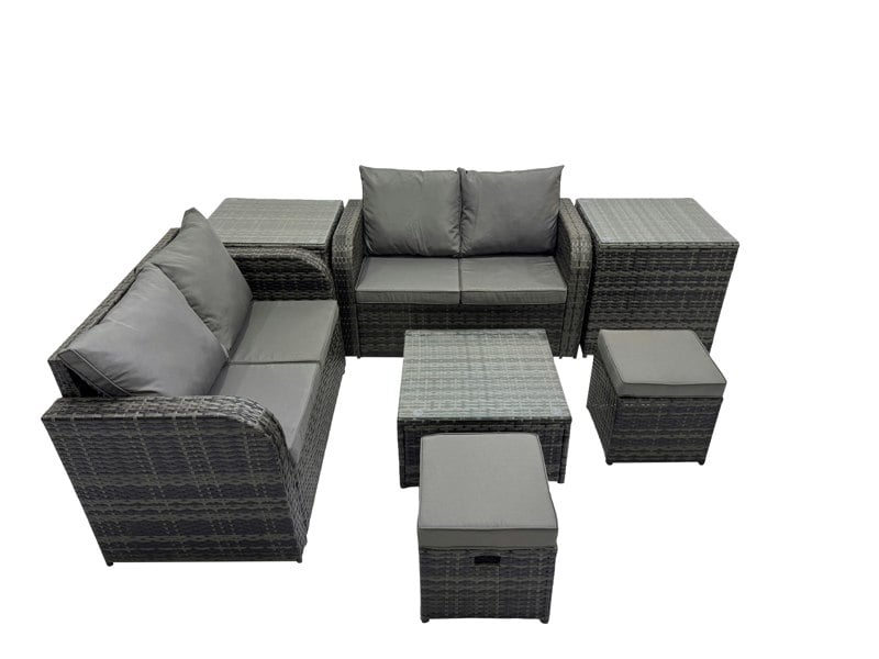 Fimous Rattan Garden Outdoor Furniture Set Love Sofa Square Coffee Table Set with 2 Side Tables 2 Small Stools Dark Grey Mixed