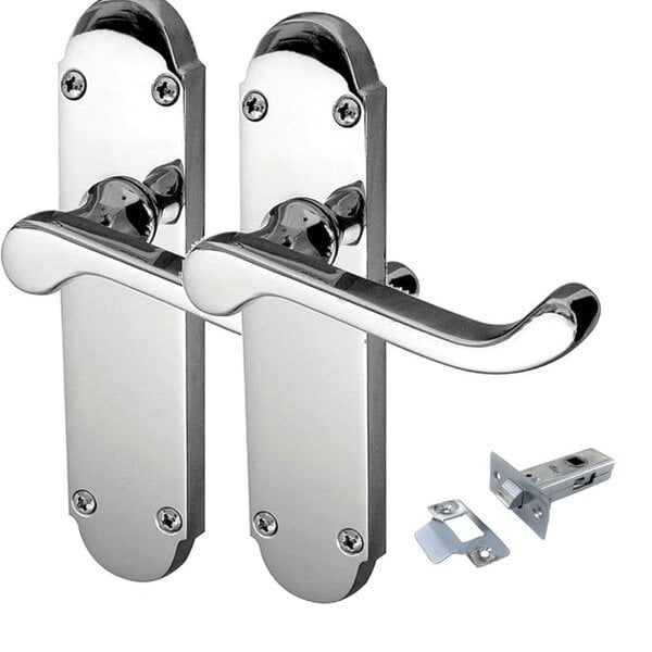 EDH Door Hardware Polished Chrome Victorian Scroll Door Handles on Shaped Backplate – 170mm x 40mm + Tubular Latch