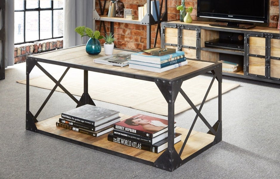 IH Design Durin Vintage Up-Cycled Industrial Coffee Table with Shelf Metal and Wood