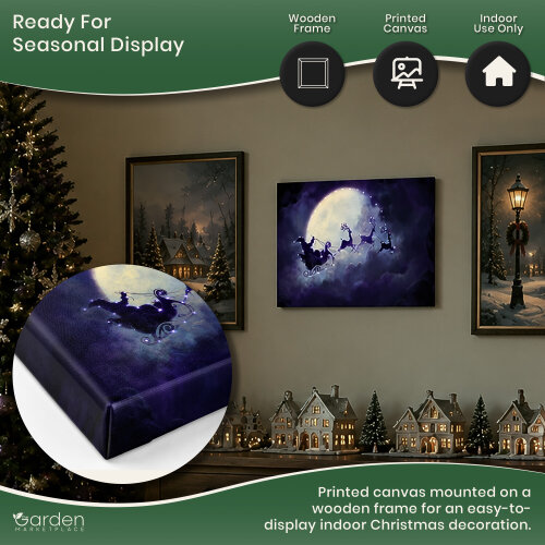 Christmas Santa Sleigh Canvas Print with LED Lights, 40 x 30cm, Stretched Wooden Frame, Battery Powered, Indoor Decoration