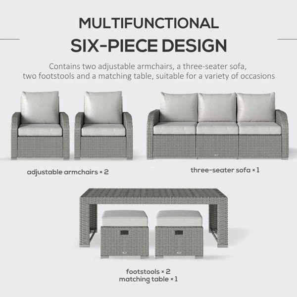 Light grey rattan outdoor six-piece set with reclining armchairs, three-seat sofa, and matching table