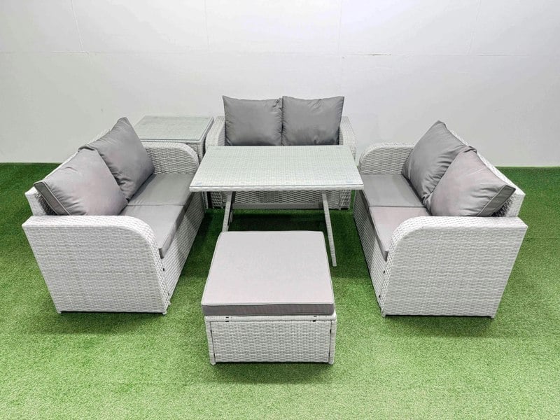 Fimous Rattan Garden Furniture Dining Set 7 seater Patio Rectangular Table Love Sofa Set with Side Table Big Stool