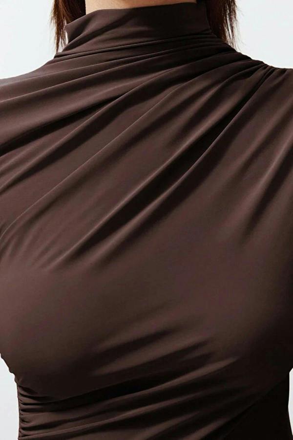 WOVCOR Draped High Neck Long Sleeve Blouse