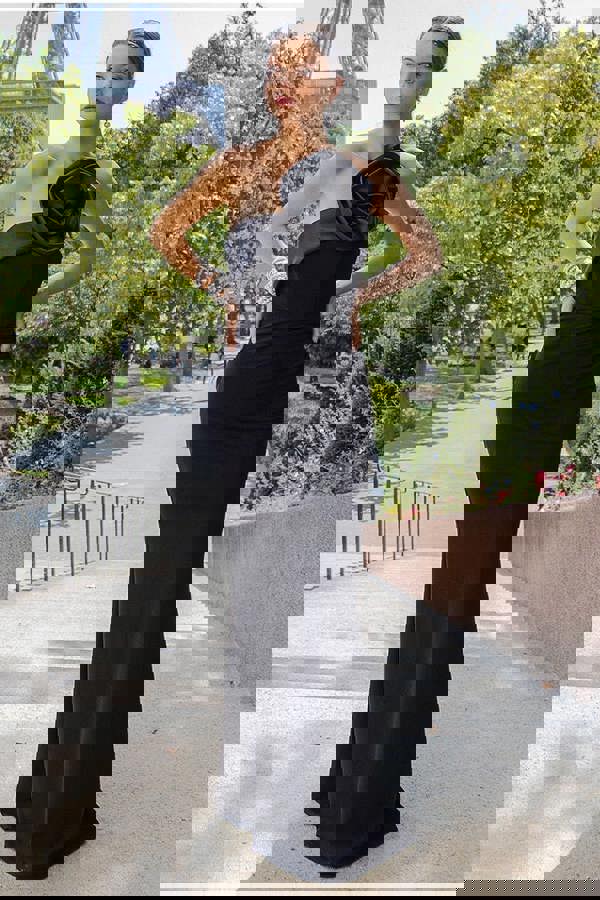 Satin Corsage Scuba Crepe Maxi Dress - Black DR4215