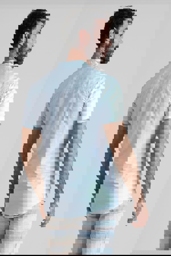 ENORSIA Sky Blue Cotton Linen Grandad Collar Shirt