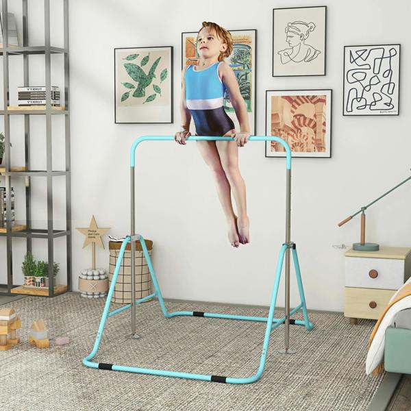 Kids gymnastic bar in light blue with horizontal bars for children to practice hanging grips