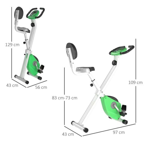Green and white folding exercise bike with adjustable seat and front base