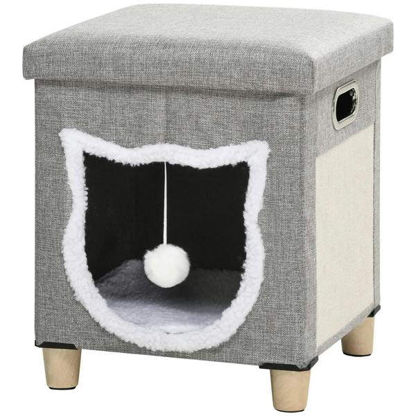 Grey fabric cat cube house bed with open front tunnel and hanging white ball toy