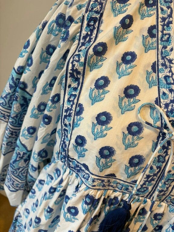 AMELIA FLOATY SLEEVE WOODBLOCK PRINTED COTTON VOILE DRESS