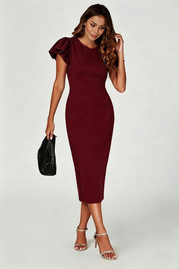FS Collection Volume Sleeve Bodycon Midi Dress In Burgundy