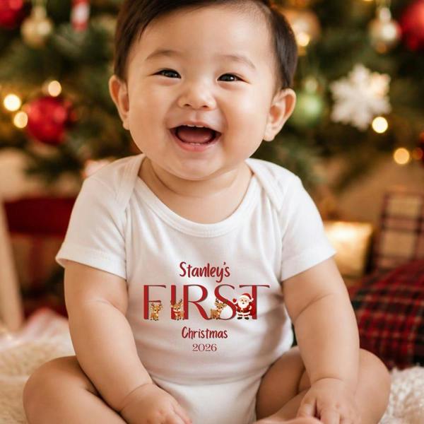 Aye Do Gifts Personalised First Christmas Santa Team Baby Grow, Vest or Bib with Name