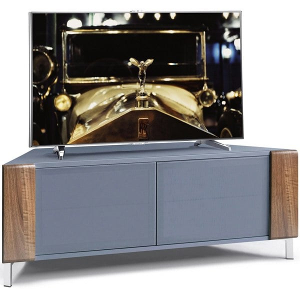 MDA Designs CORVUS Corner-Friendly Grey BeamThru Glass Doors with Walnut Profiles Contemporary Cabinet for Flat Screen TVs up to 50"