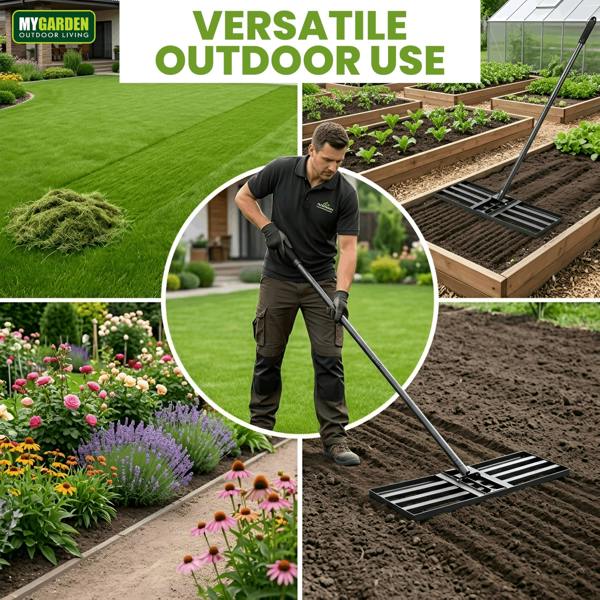 My Garden Outdoor Living My Garden Levelling Rake 1.57M - Foldable Garden Soil Leveling Rake with Tiltable Handle - 76 x 25cm Steel Leveller Tool