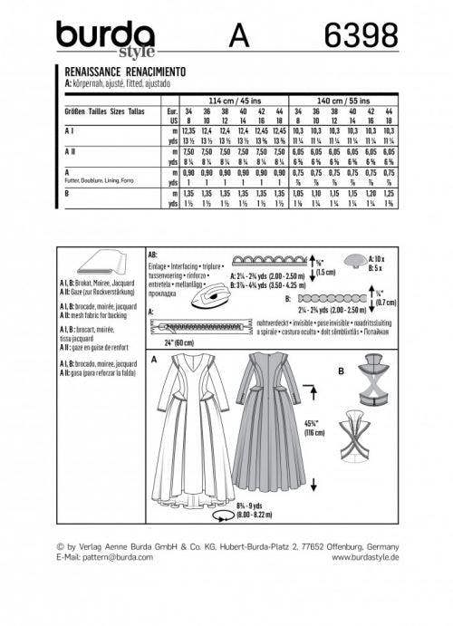 Burda Sewing Pattern 6398 Costumes, Dresses and Vintage Style For Women, 8 to 18 - Advanced