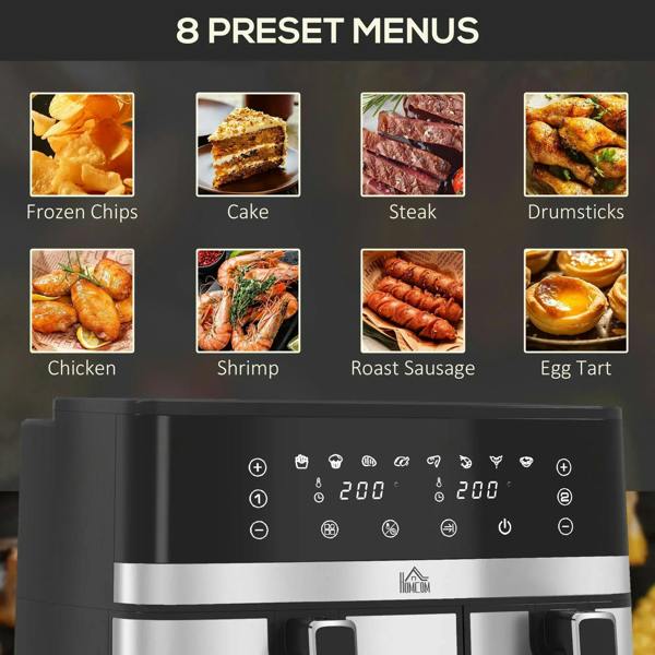 Black dual-basket air fryer showing preset menu icons on the digital display
