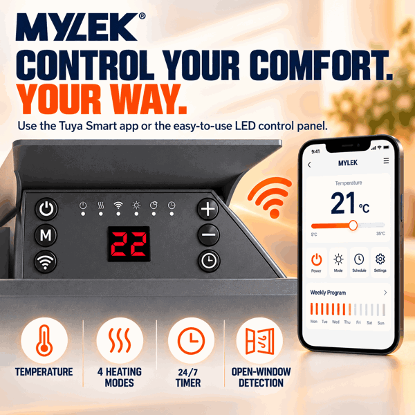 MYLEK Electric Radiator Panel Heater Grey WIFI Smart APP Eco 2000W Bathroom Safe Wall Mounted Timer Thermostat