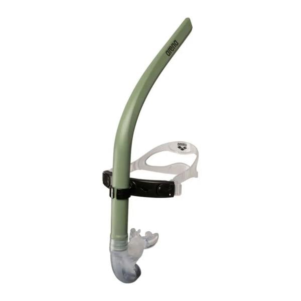 Green and white Arena Swim Snorkel III with black strap and curved tube