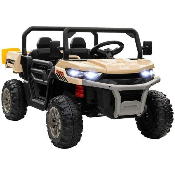Yellow two-seat electric ride-on car with headlights, steering wheel, and black seats