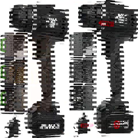 Mylek 18V Cordless Drill Electric Screwdriver Set Lithium Ion Battery Pack 18 Volt Combi Driver With MYLEK 4ORCE 204-Piece Kit