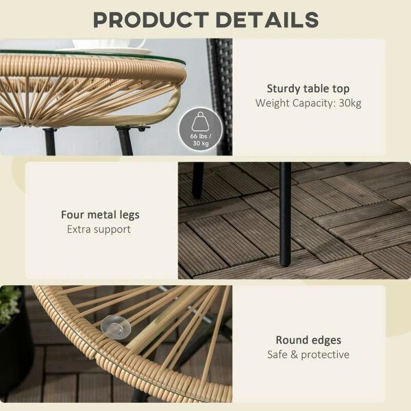 Rattan Side Table, Round Outdoor Coffee Table, with Round PE Rattan and Tempered Glass Tabletop for Patio, Garden, Balcony, Beige