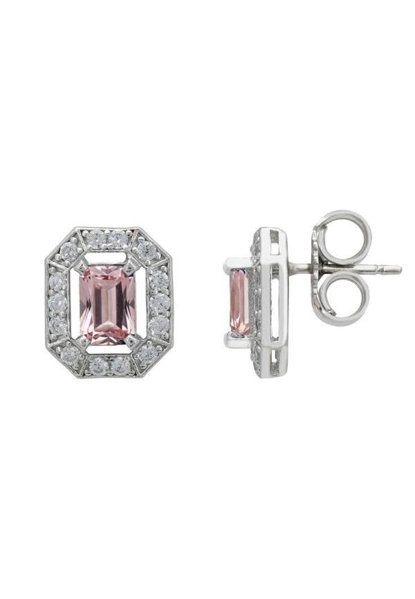 Pair of earrings with pink gemstones on a white background
