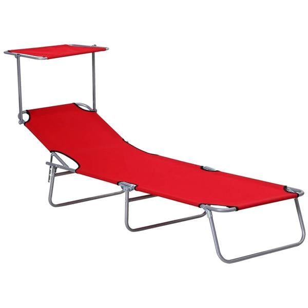 Red folding sun lounger with padded reclining seat and backrest, steel frame