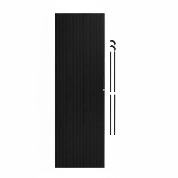 Sleek black Tambour shower door with vertical ribbed texture, featuring a minimalist design and modern hardware for stylish bathrooms