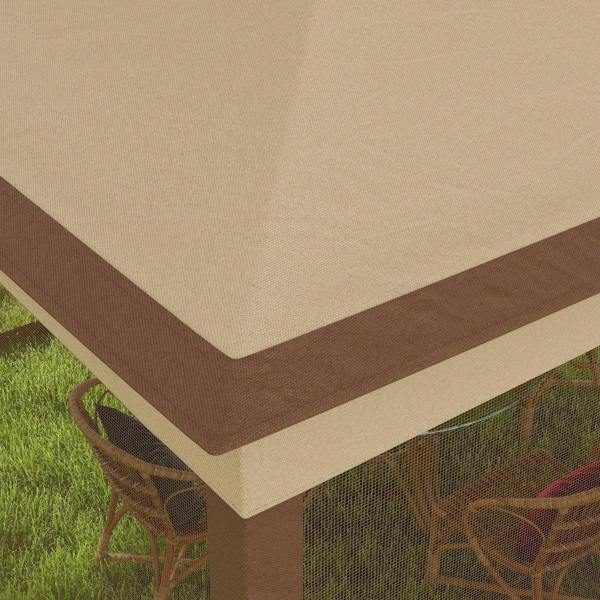 Khaki double-layer gazebo canopy corner with fabric edge and brown trim