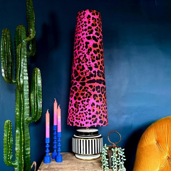 Neon Leopard Oversized Cone Shades - King from Love Frankie. Handmade Pink Leopard Print lampshades available in 2 sizes.