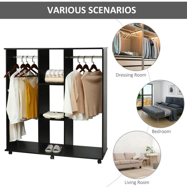 Black open wardrobe organizer with hanging rails and multiple inner storage compartments