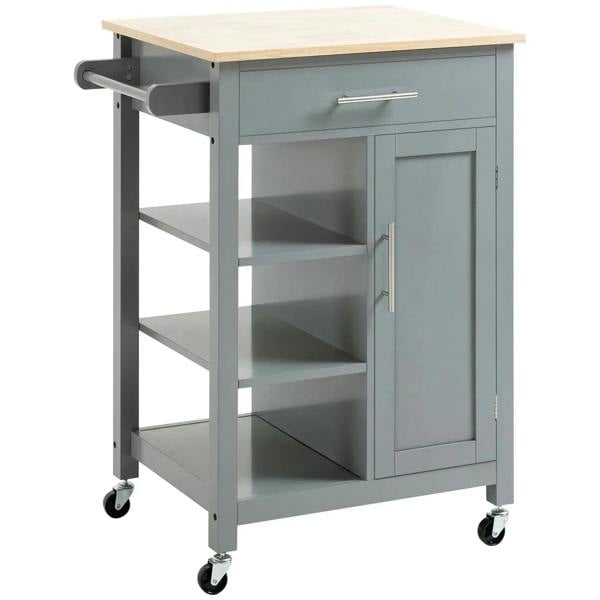 Grey kitchen trolley cart with open shelves, cabinet door, and storage drawer