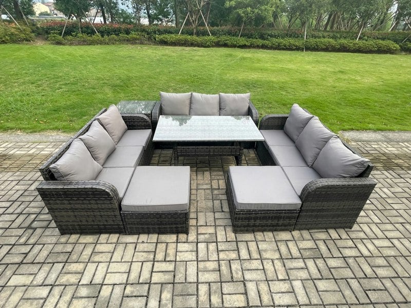 Fimous Wicker PE Rattan Sofa Outdoor Garden Furniture Set with Rectangular Dining Table 2 Big Footstool Side Table Dark Grey Mixed