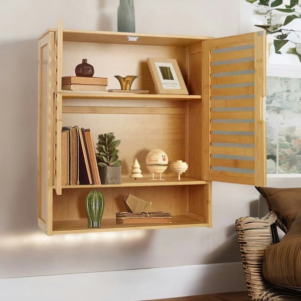 BMBO Wooden Bathroom Wall Storage Cabinet Organiser Natural Brown