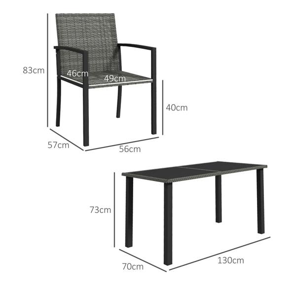 Grey outdoor dining chair and rectangular table with approximate size measurements