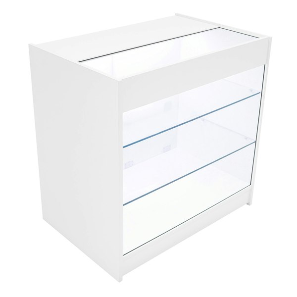 Helios LED shop counter set in white, featuring a sleek design with glass shelves and a modern, minimalist aesthetic