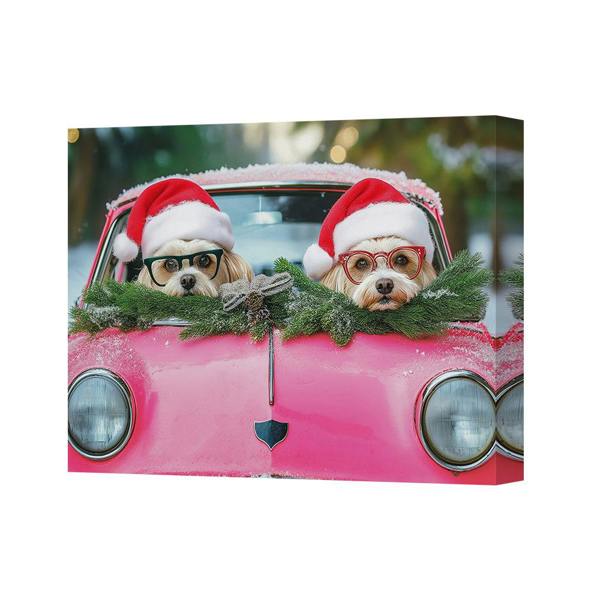 Benjamin Tate Design Two Dogs In Santa Hats On Pink Vintage Car Canvas Print