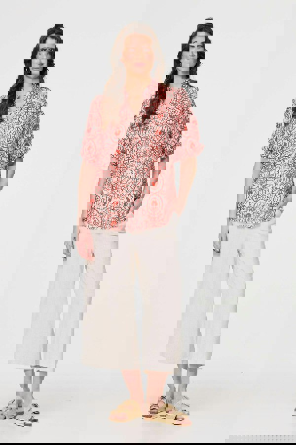 Red | Printed Puff 1/2 Sleeve Button-Up Shirt