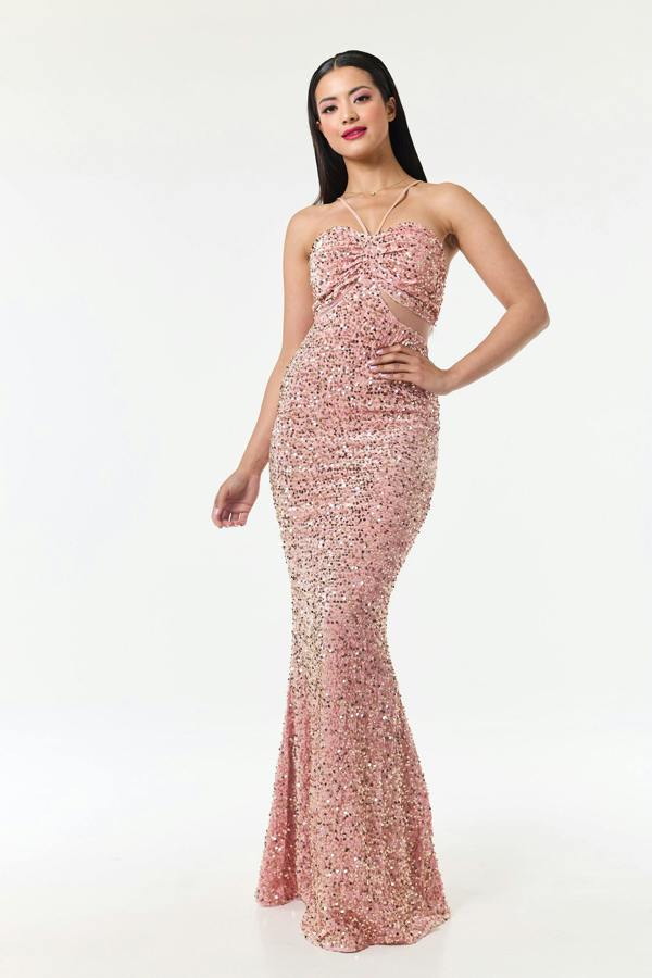 LuvForever Rose Pink Bandeau Sequin Maxi Dress