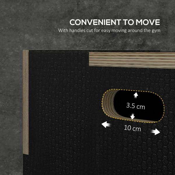 Black wooden jump box showing cutout handles with 3.5 cm and 10 cm dimensions