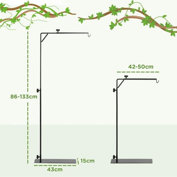 Black adjustable lamp stand with hook arms and flat base plate with height markings