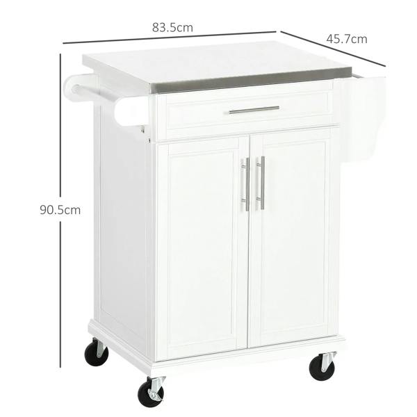 White kitchen island on wheels with stainless tabletop, cabinet doors, and side handle